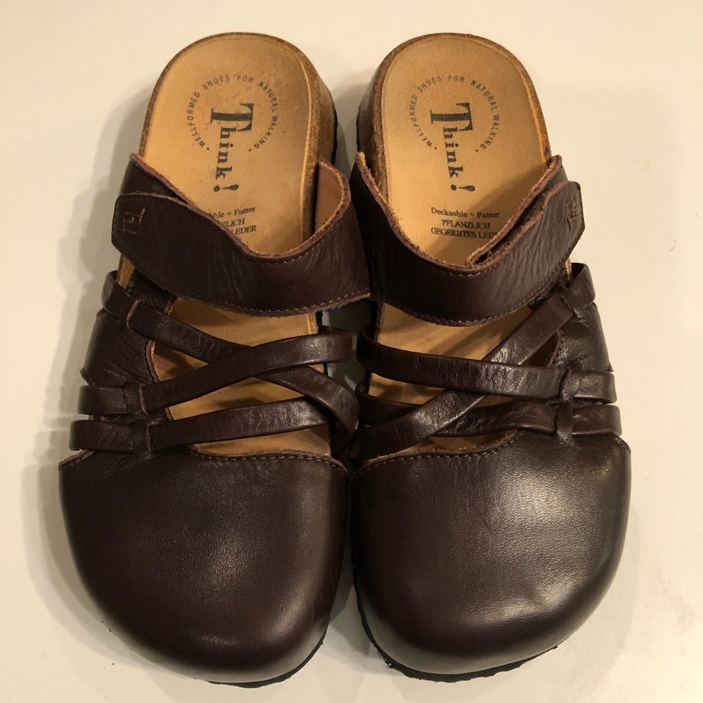 Think! Brown Leather Mules
